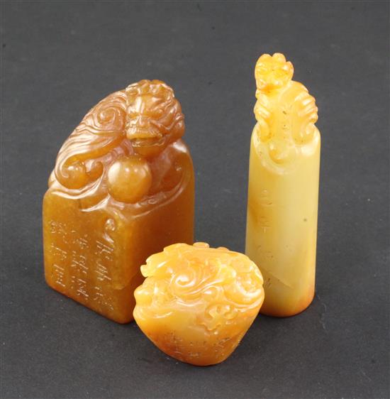 Three Chinese stone seals, 6.3 x 1.8cm (3)